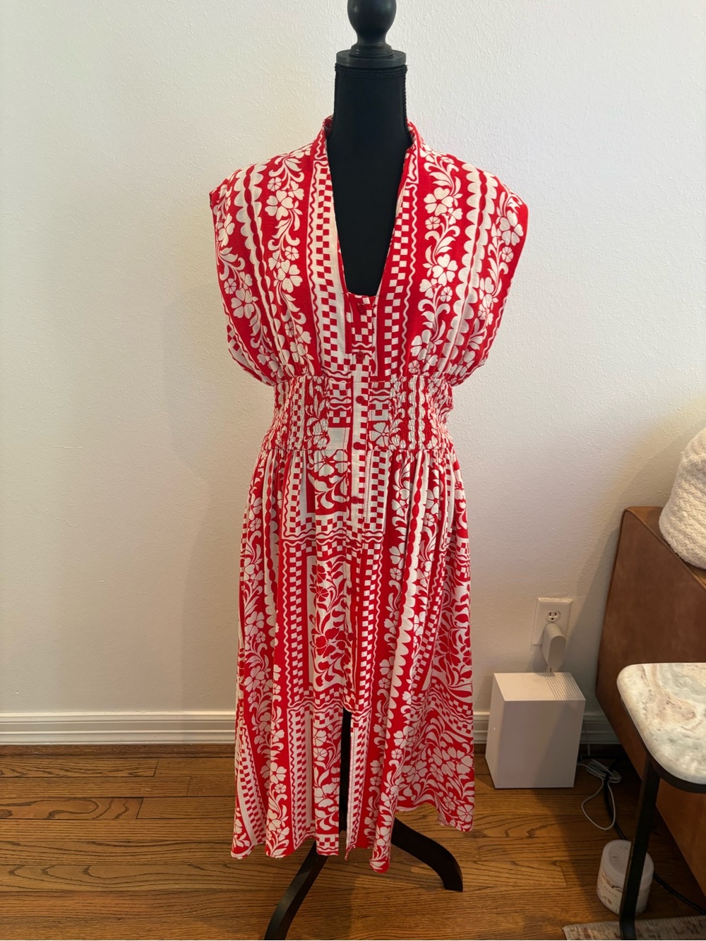 Umgee Red and White Printed Midi Dress